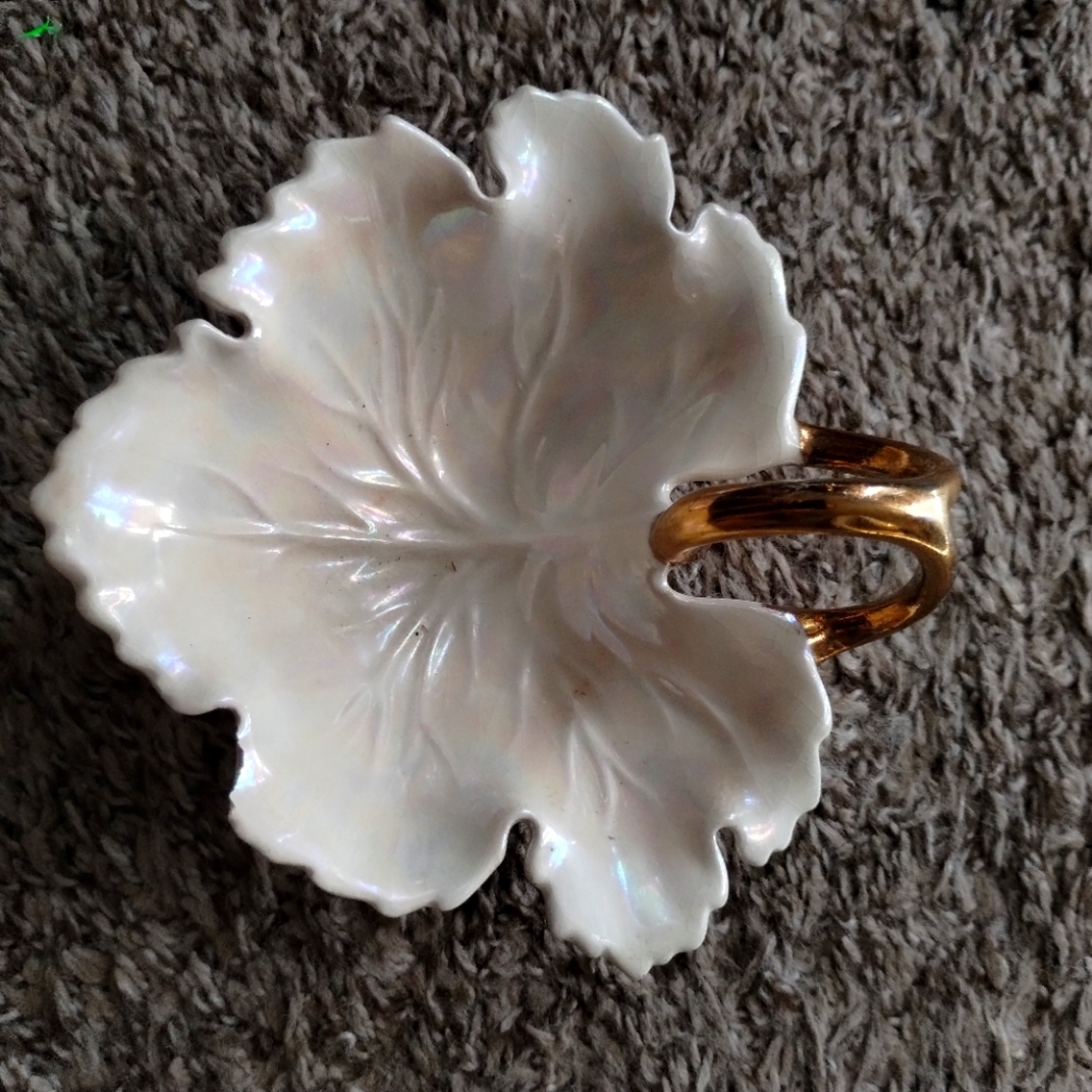 Vintage porcelain Glazed Trinket Dish 6" Diameter,  Gold Painted Handles, Leaf